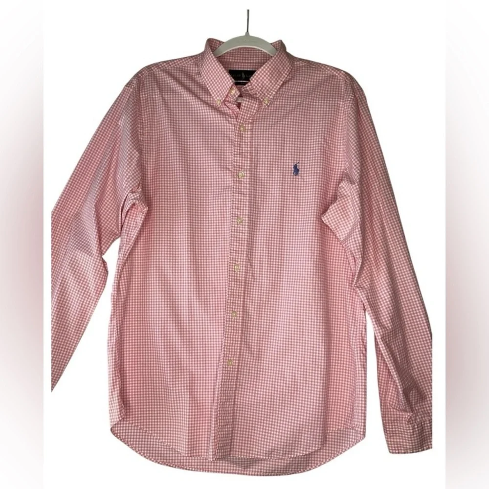 Ralph Lauren Slim Fit 100% Cotton Pink Gingham Button Up Long Sleeve Shirt L - Picture 1 of 7